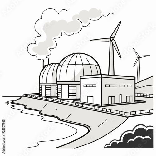 A factory with a dome and wind turbines