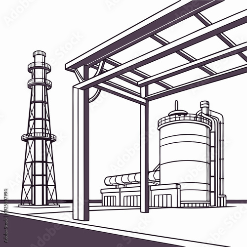 Industrial site with a tower and storage tank