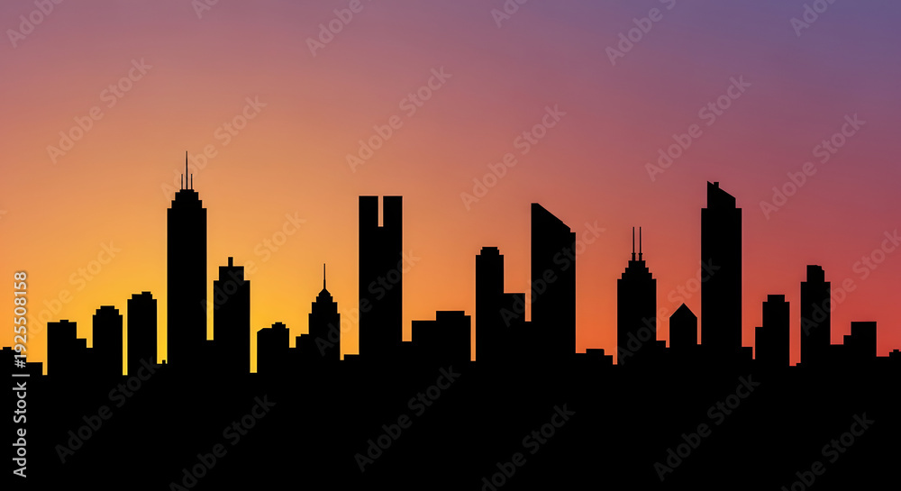 Obraz premium City skyline silhouette against a vibrant orange and purple sunset gradient.