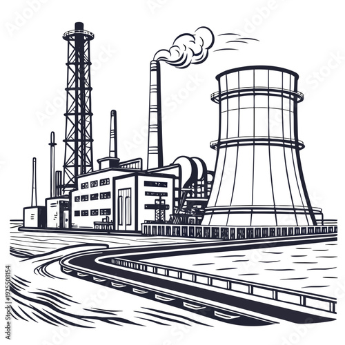 A black and white drawing of a nuclear power plant