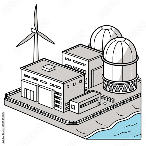 A nuclear power plant with a wind turbine