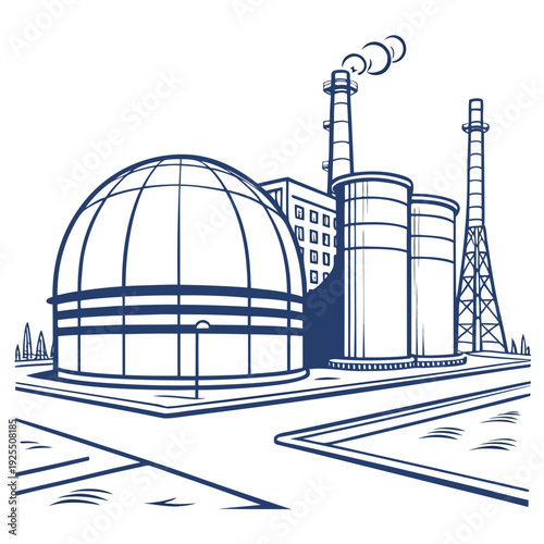 A blue and white drawing of a nuclear power plant