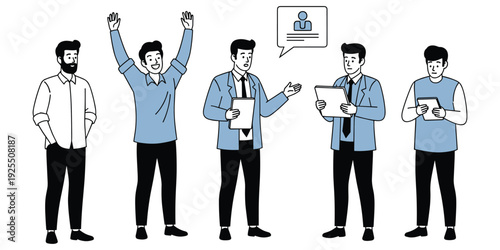 Workplace activity illustration, professional communication artwork, corporate teamwork design tribute, office collaboration concept, technology usage theme flat vecto