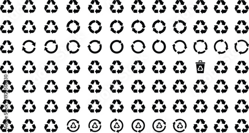 Recycling icons set, eco vector, sustainability illustration, waste management design, recycle symbol graphics, trash bin icon, circular arrows, environmental awareness, green ecology, eco-friendly de