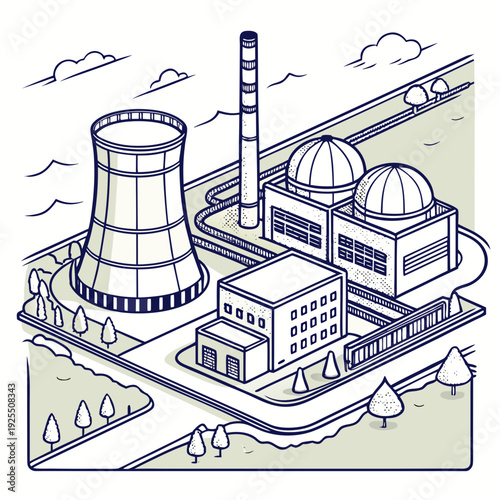 A nuclear power plant with a cooling tower and buildings