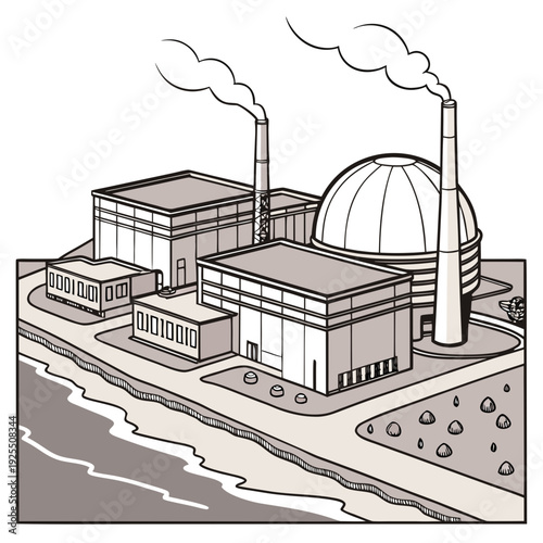 A nuclear power plant with smokestacks and a dome