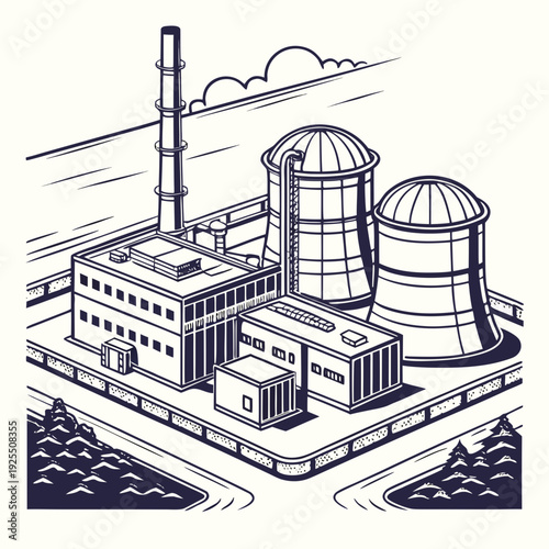 A nuclear power plant with cooling towers and a reactor building