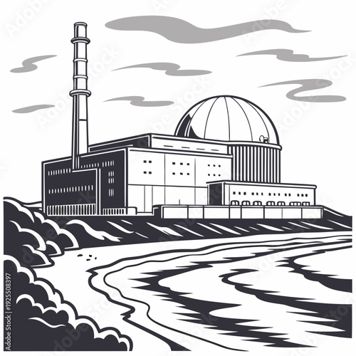 Illustration of a nuclear power plant by a body of water