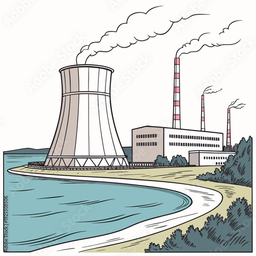 A nuclear power plant with a cooling tower and smokestacks