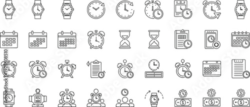 Time management icons collection, black and white clock symbols, calendar and schedule set, stopwatch and hourglass vector, productivity design pack