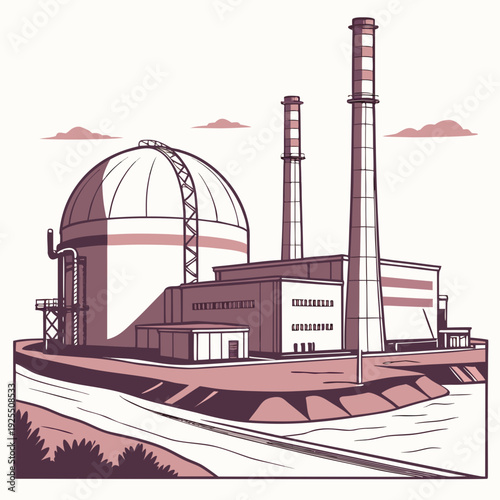 A nuclear power plant with a large dome and smokestacks