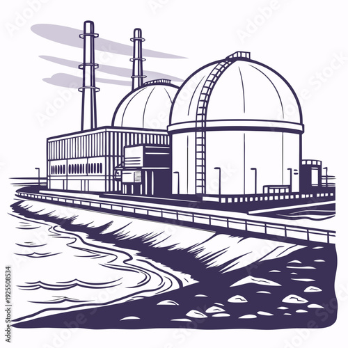 Nuclear power plant with cooling towers and domes