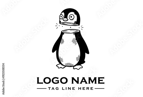 Black and white illustration of a penguin with a cylindrical object covering its mouth on a clean white background with a simple and graphic design style.