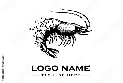 Black and white illustration of a shrimp with bubbles on a clean white background with a logo name and tagline in modern typography.
