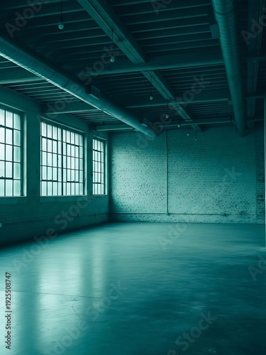 Ethereal industrial space interior exhibiting a teal-toned empty warehouse