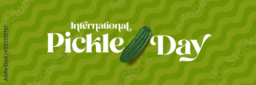 International Pickle day horizontal banner design template with text and pickled cucumber isolated on green geometric pattern background. Pickle day flyer. 16 may international day of pickled cucumber