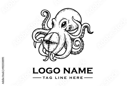 Line drawing of an octopus head with sharp teeth on a white background with space for a logo name and tagline.