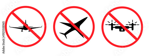 No flying warning. Plane, drone prohibition vector. Travel warning.