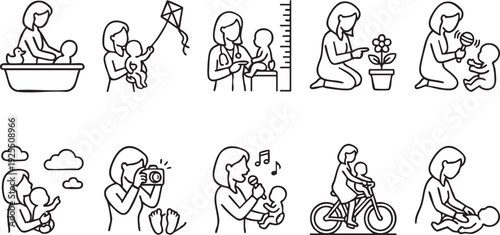A comprehensive collection of line art icons showcasing the tender bond and diverse daily activities of a mother caring for her baby, illustrating various aspects of motherhood.