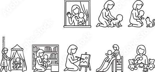 Collection of simple line art icons depicting various nurturing activities between a mother figure and a baby or young child at home and play