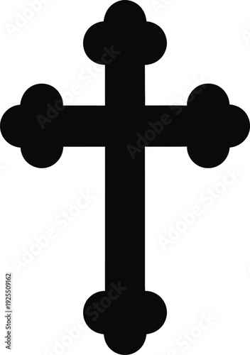 A black silhouette of a christian cross symbol with cloverleaf ends