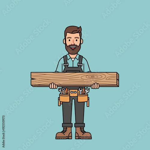 Carpenter holding a wooden plank with tools on his belt, isolated on blue background