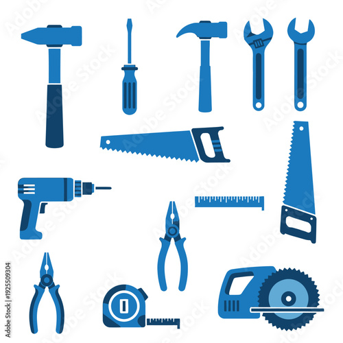 Collection of Blue Construction Tools and DIY Equipment on White Background