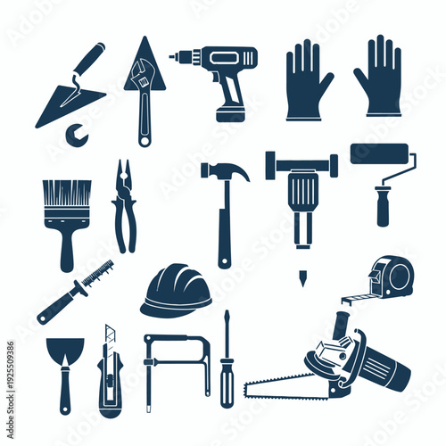 Collection of construction and DIY tools, flat design icons, isolated on white background.