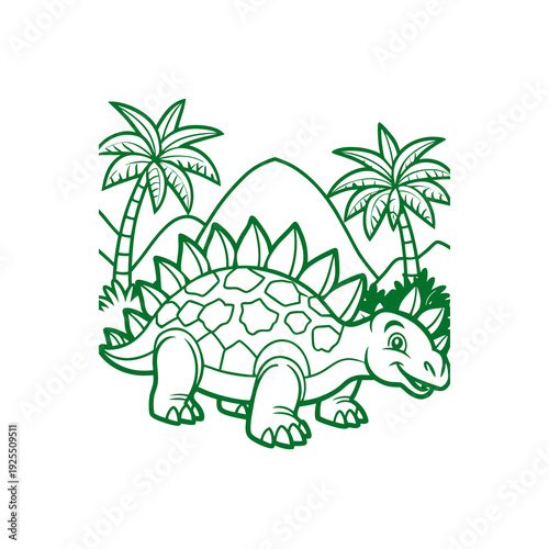 Cute cartoon stegosaurus dinosaur in a prehistoric landscape with palm trees and mountains, perfect for children's coloring books.