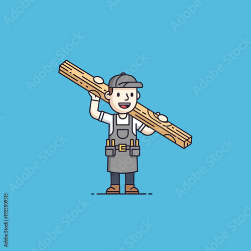 Carpenter carrying wood plank on shoulder, construction worker with tool belt, blue background