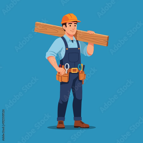 Carpenter carrying wood plank on shoulder, wearing overalls and hard hat