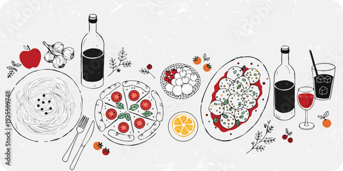 Italian food spread with spaghetti pizza meatballs and wine bottles on white background