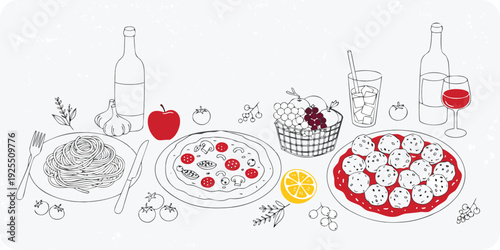 Italian food spread with spaghetti pizza meatballs and wine bottles on white background