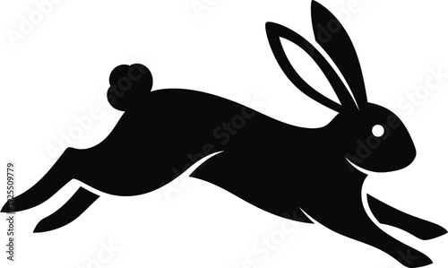 A black silhouette of a rabbit in mid hop on white background