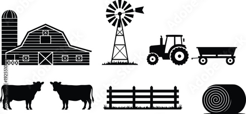 Farm element silhouette illustration set, barn, windmill, tractor, cows, fence, and hay bale, stylized vector graphics for agriculture and rural themes