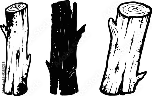 black and white hand drawn tree trunks set with bark texture and knots isolated on white background