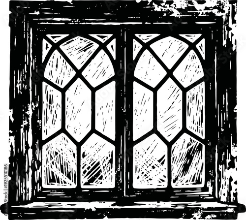 Vintage stained glass window with wooden frame in black and white engraving