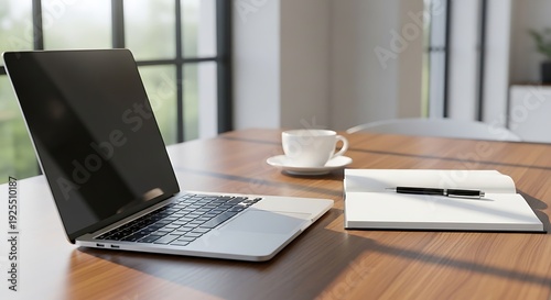 Laptop coffee and notebook on a wooden table computer