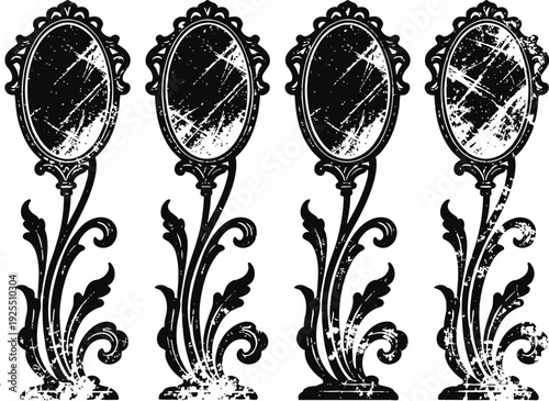 Vintage ornate mirrors with decorative floral frames in distressed grunge set of four