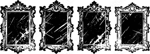Vintage ornate rectangular mirrors set with distressed reflective surfaces in decorative frames