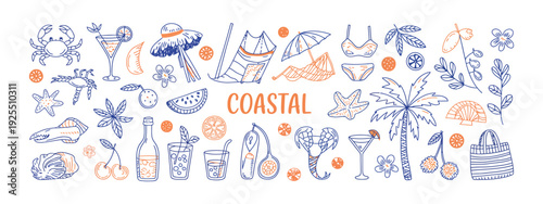 Mediterranean Summer Vacation Illustration Set in Sketch Style – Italian Holiday Elements with Hand Drawn Lemons, Seafood, Lobster, Shells and Cocktails, Coastal Collection for Cards, Prints and Weddi