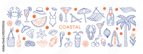 Mediterranean Summer Vacation Illustration Set in Sketch Style – Italian Holiday Elements with Hand Drawn Lemons, Seafood, Lobster, Shells and Cocktails, Coastal Collection for Cards, Prints and Weddi