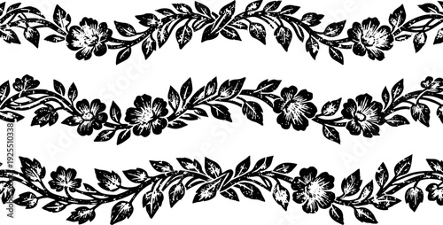 Vintage floral borders with leaves and flowers in black silhouette design elements