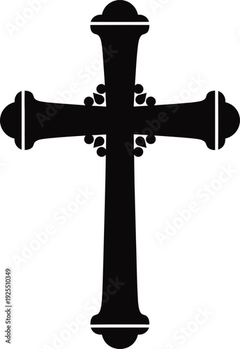 A black cross with ornate details on a white background