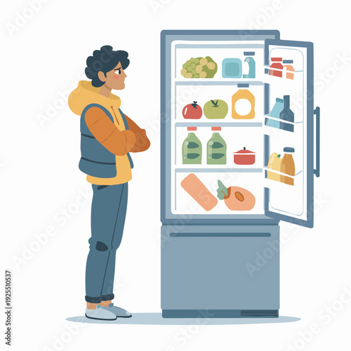 Man Thinking in Front of Open Refrigerator, Food Choice and Meal Planning Concept