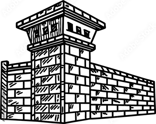 Prison wall with guard tower illustration security surveillance, confinement barrier concept