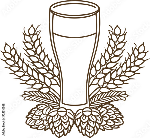 Beer glass with barley and hops illustration brewing ingredients design with malt and grain elements