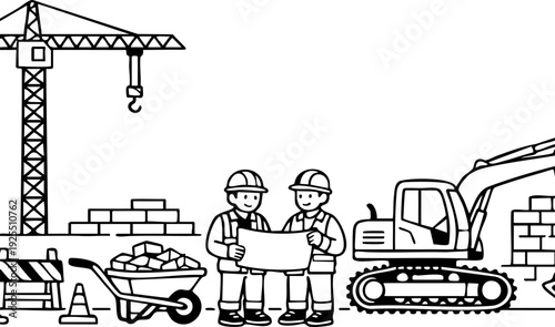Two cheerful construction workers in hard hats examine blueprints at an active building site with a crane, excavator, and materials. Simple line art depicts professional collaboration.