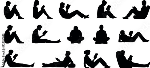 Reading People Silhouette Vector Set Seated and Reclining Book Lovers in Flat CAD Style