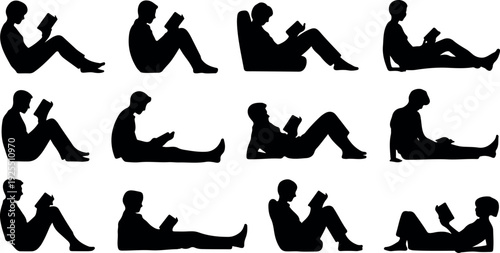 Reading People Silhouette Vector Set Seated and Reclining Book Lovers in Flat CAD Style